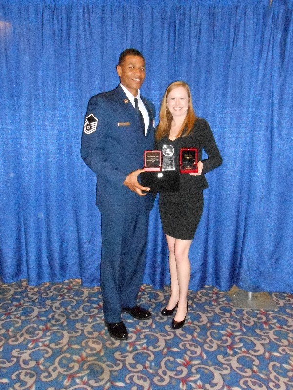Master Sgt. Kiyon Buckley, USAF, 24th Air Force, Young AFCEAN of the Year, and Bethany Reese, Hilton San Antonio Airport, Emerging Leadership Award recipient, display their awards at the AFCEA West conference in January.
